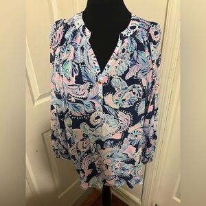 Lilly Pulitzer High Tide Navy Holy Flockamolie Elsa Top Long Sleeve Blouse